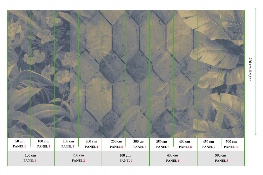 Intermediate Blue Tropical Banana Leaf & Concrete Hexagon Geometric Mural M3158
