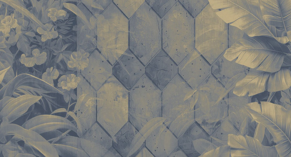 Intermediate Blue Tropical Banana Leaf & Concrete Hexagon Geometric Mural M3158