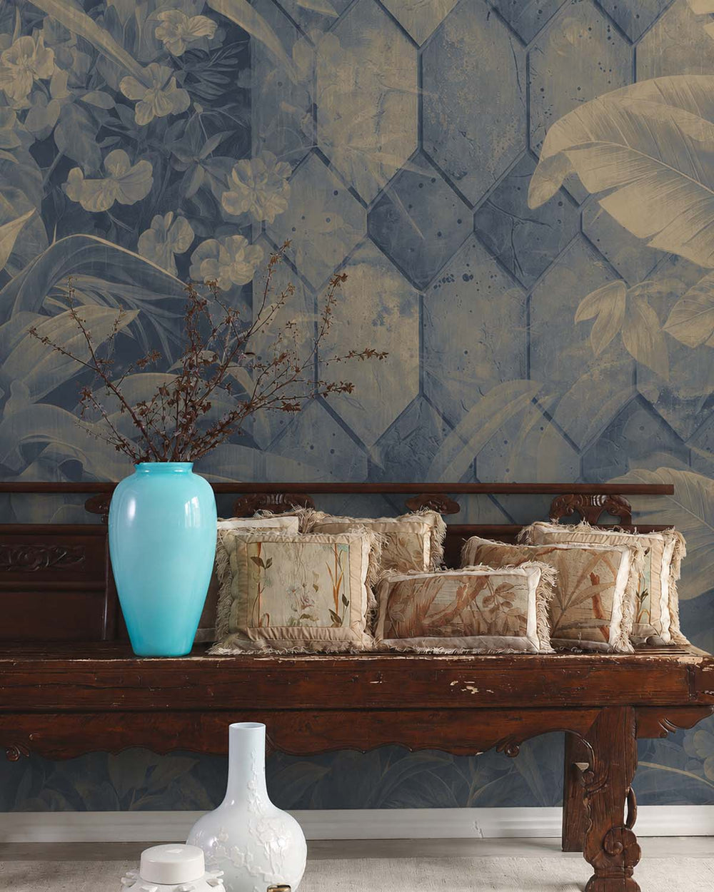 Intermediate Blue Tropical Banana Leaf & Concrete Hexagon Geometric Mural M3158
