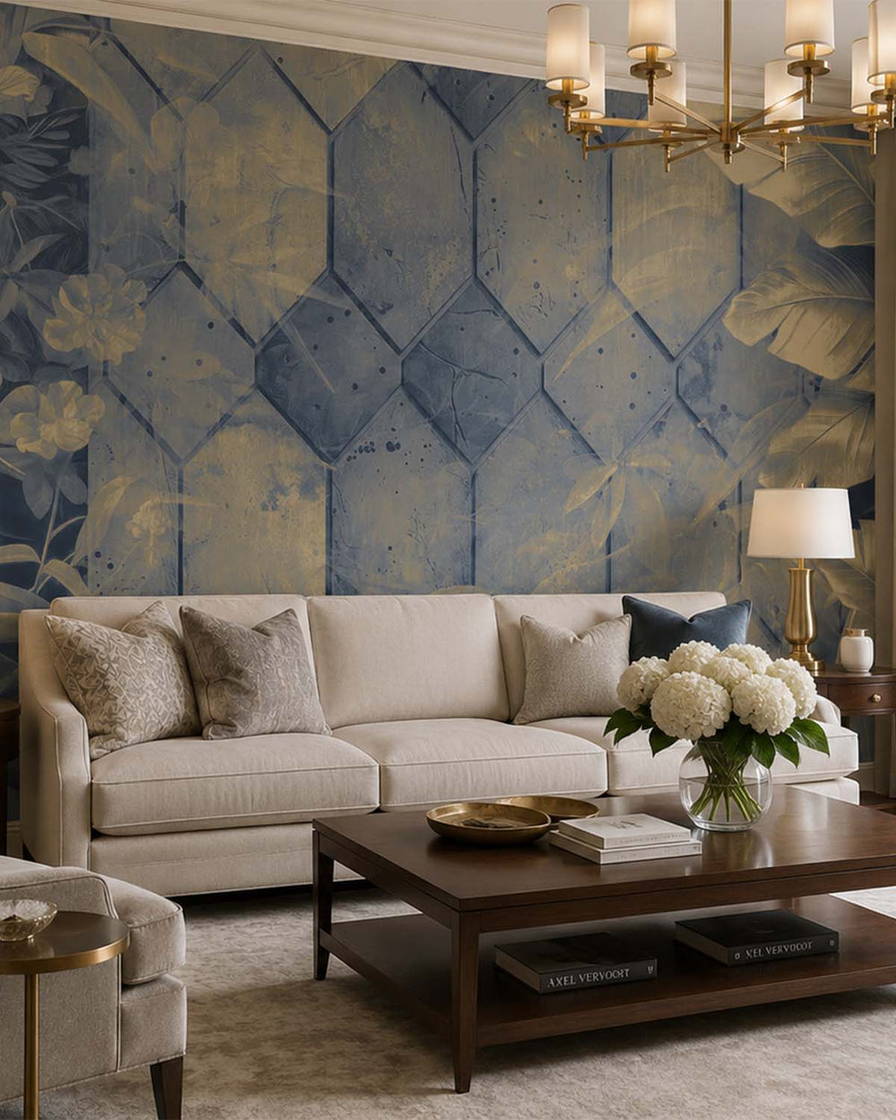 Intermediate Blue Tropical Banana Leaf & Concrete Hexagon Geometric Mural M3158