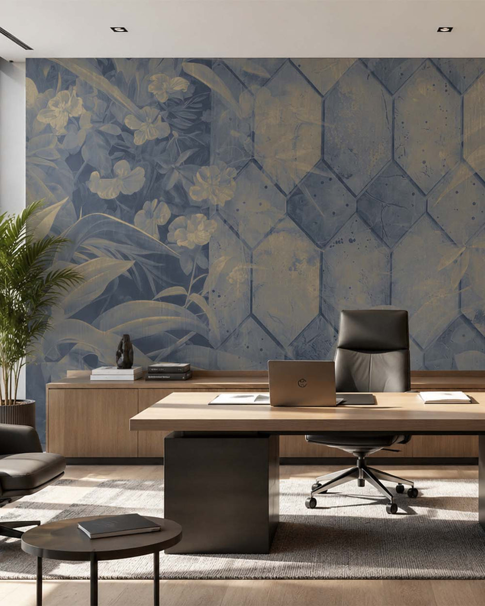 Intermediate Blue Tropical Banana Leaf & Concrete Hexagon Geometric Mural M3158