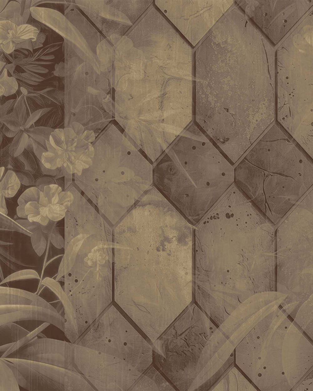Roko Brown Tropical Banana Leaf & Concrete Hexagon Geometric Mural M3159