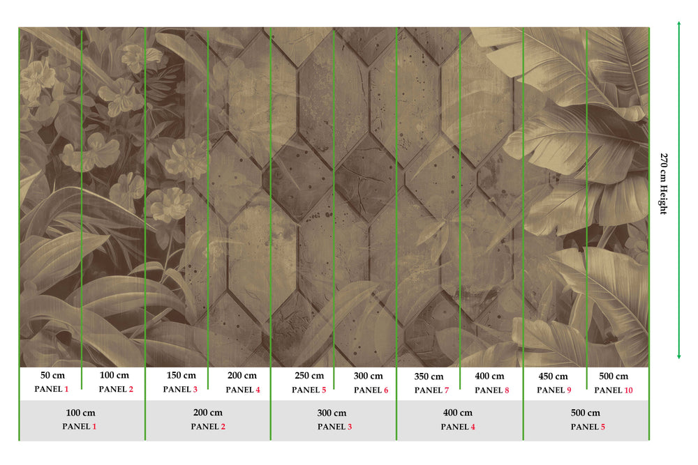 Roko Brown Tropical Banana Leaf & Concrete Hexagon Geometric Mural M3159