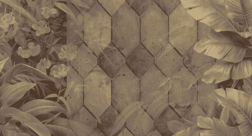 Roko Brown Tropical Banana Leaf & Concrete Hexagon Geometric Mural M3159
