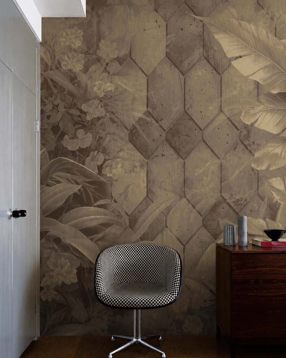 Roko Brown Tropical Banana Leaf & Concrete Hexagon Geometric Mural M3159