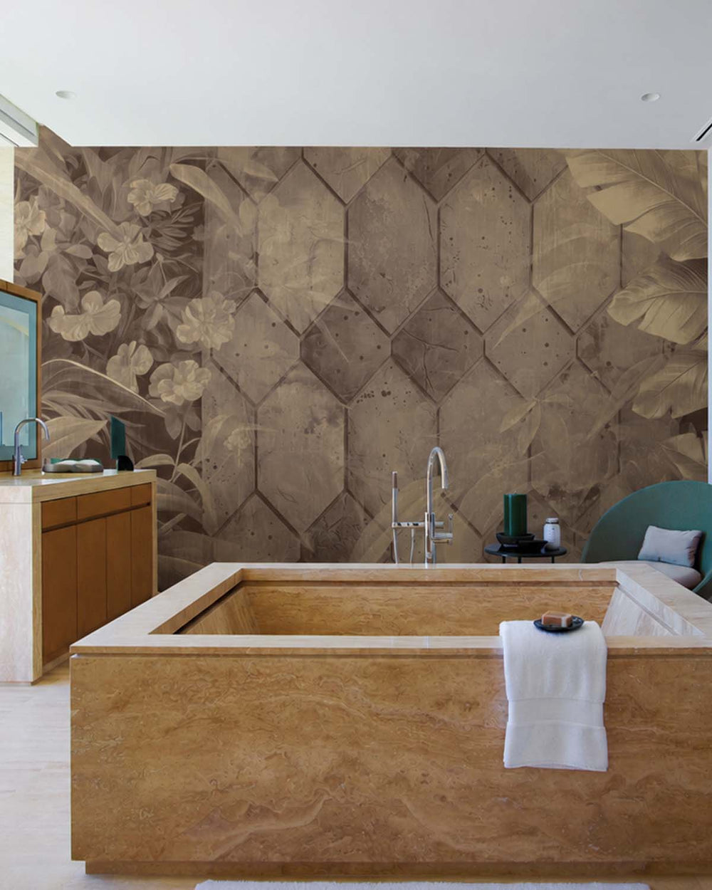 Roko Brown Tropical Banana Leaf & Concrete Hexagon Geometric Mural M3159