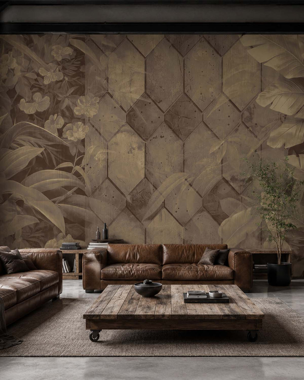 Roko Brown Tropical Banana Leaf & Concrete Hexagon Geometric Mural M3159