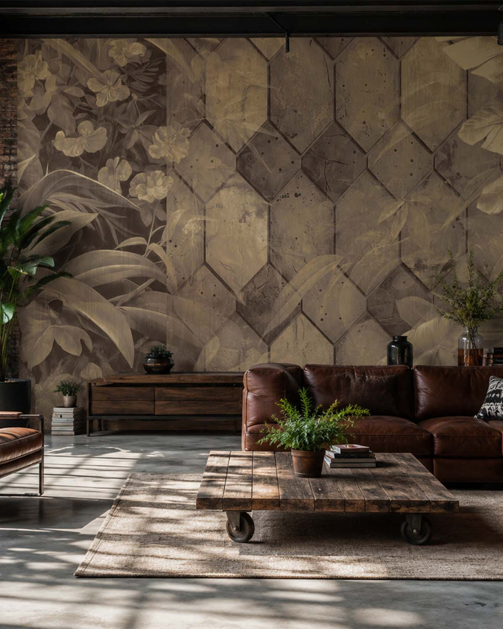 Roko Brown Tropical Banana Leaf & Concrete Hexagon Geometric Mural M3159