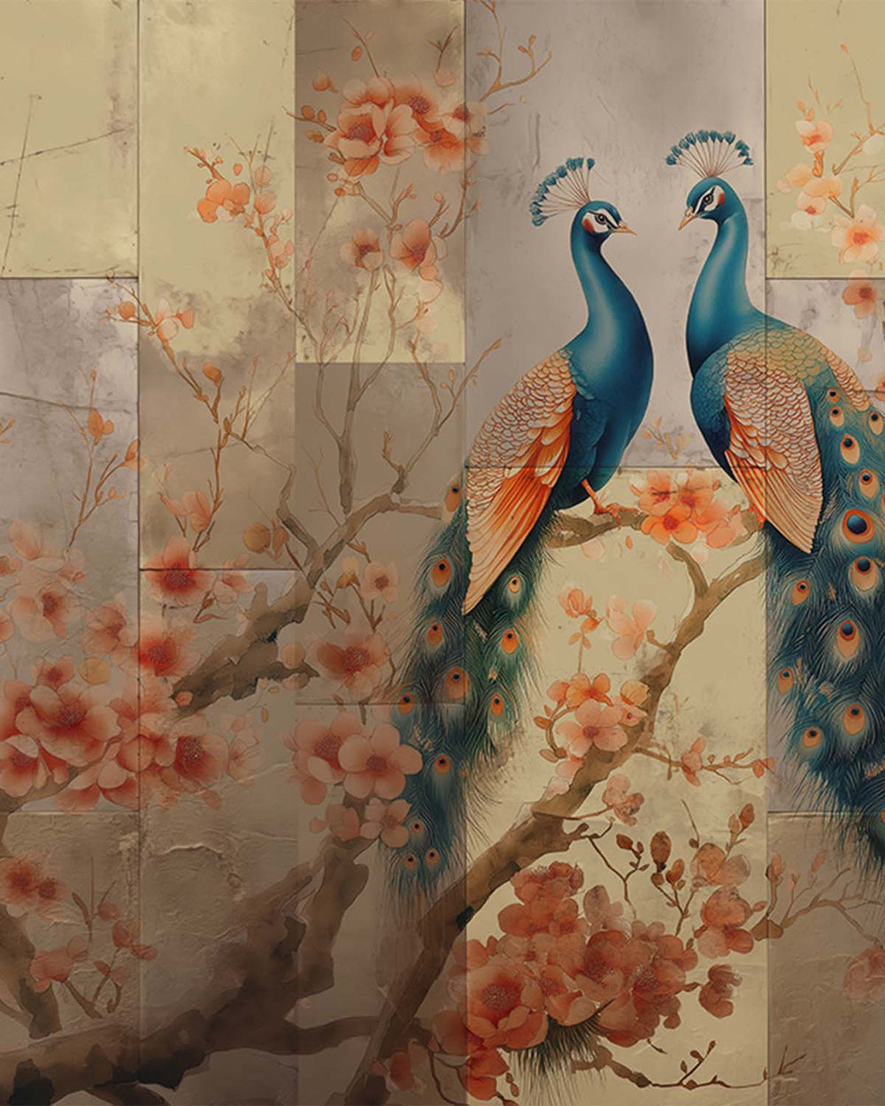Blue Coral Regal Peacock & Cherry Blossom Chinoiserie Mural M3163