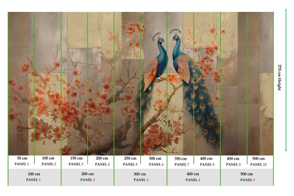 Blue Coral Regal Peacock & Cherry Blossom Chinoiserie Mural M3163