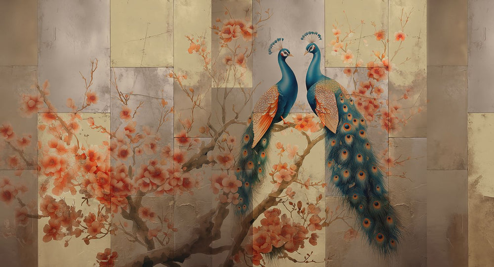 Blue Coral Regal Peacock & Cherry Blossom Chinoiserie Mural M3163