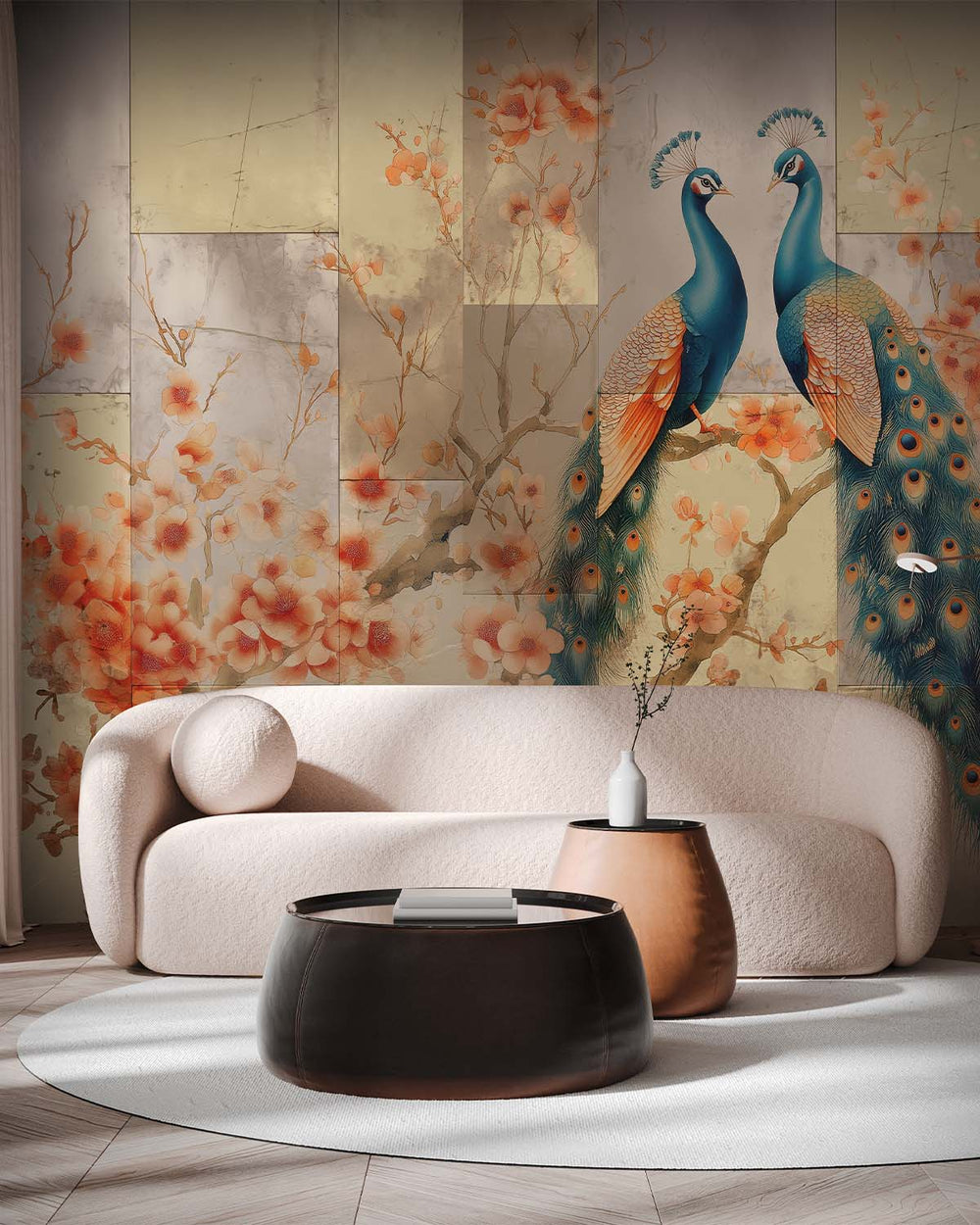 Blue Coral Regal Peacock & Cherry Blossom Chinoiserie Mural M3163