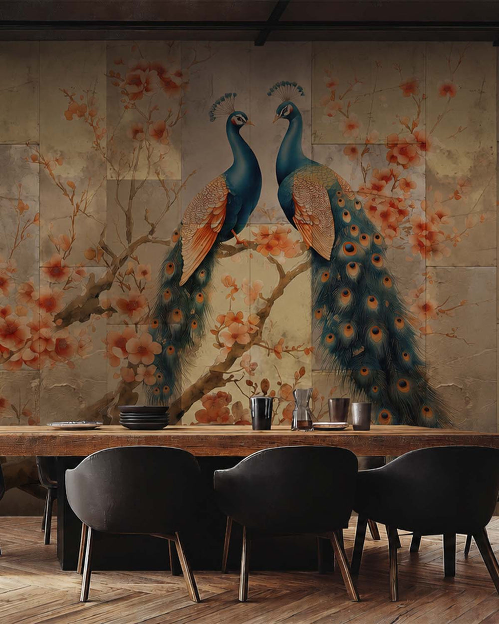 Blue Coral Regal Peacock & Cherry Blossom Chinoiserie Mural M3163