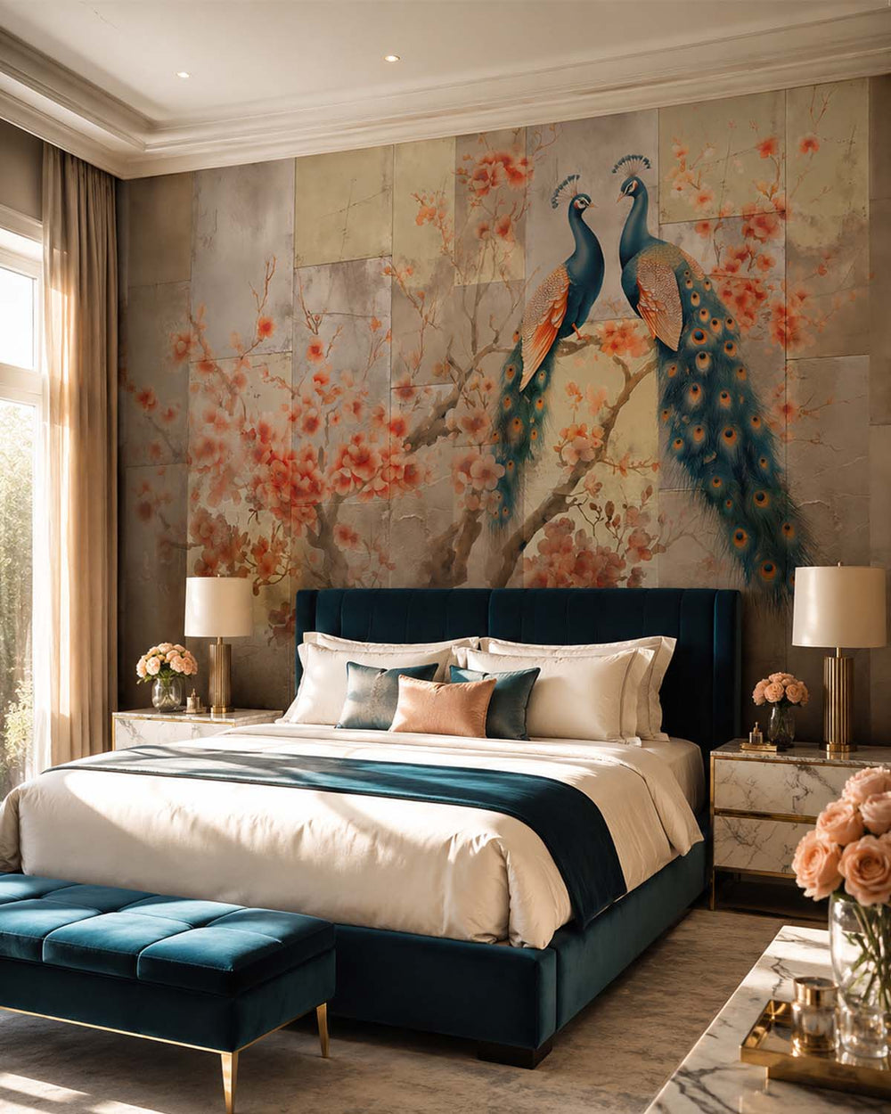 Blue Coral Regal Peacock & Cherry Blossom Chinoiserie Mural M3163