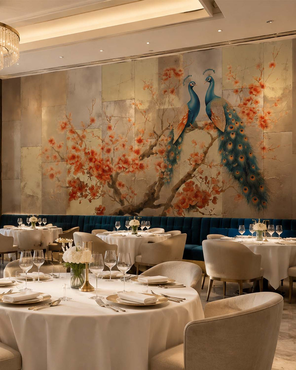 Blue Coral Regal Peacock & Cherry Blossom Chinoiserie Mural M3163