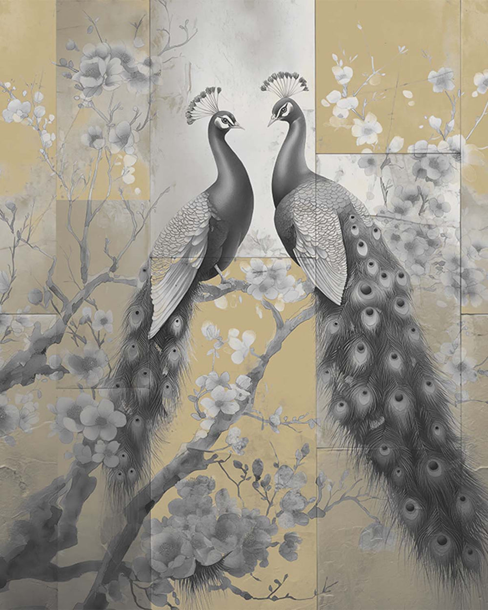 Goshawk Grey Regal Peacock & Cherry Blossom Chinoiserie Mural M3164
