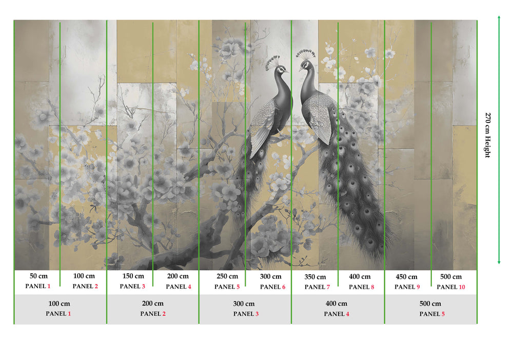 Goshawk Grey Regal Peacock & Cherry Blossom Chinoiserie Mural M3164