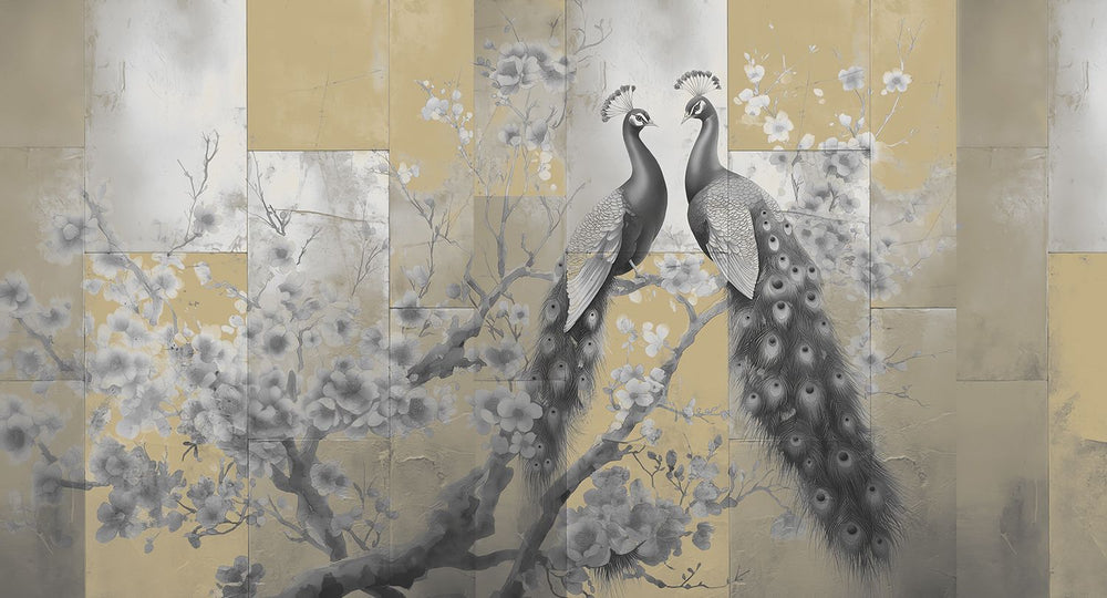 Goshawk Grey Regal Peacock & Cherry Blossom Chinoiserie Mural M3164
