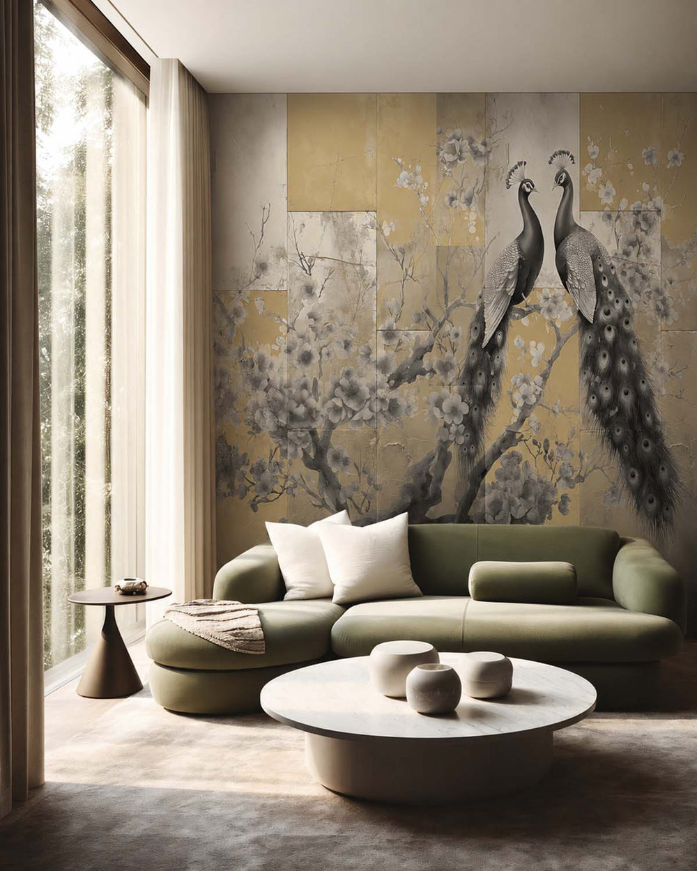 Goshawk Grey Regal Peacock & Cherry Blossom Chinoiserie Mural M3164