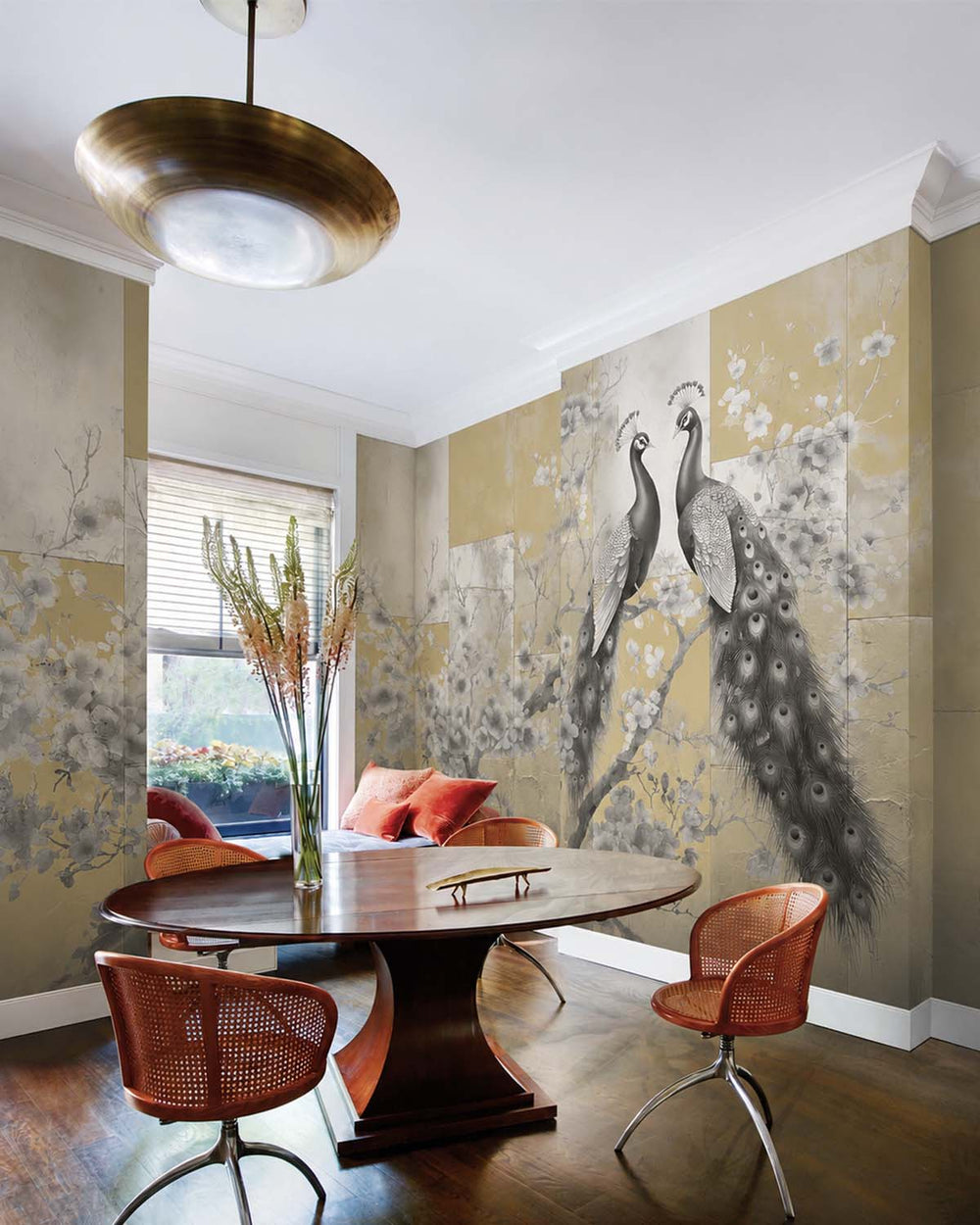 Goshawk Grey Regal Peacock & Cherry Blossom Chinoiserie Mural M3164