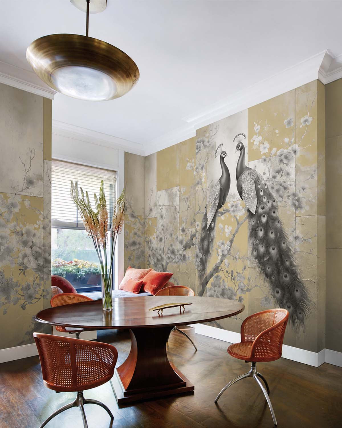 Goshawk Grey Regal Peacock & Cherry Blossom Chinoiserie Mural M3164
