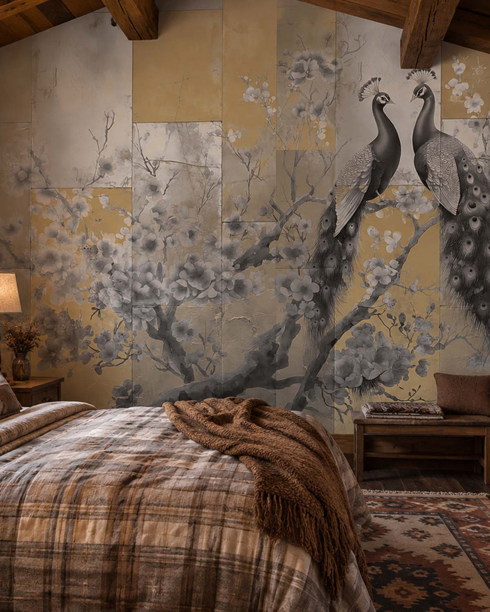 Goshawk Grey Regal Peacock & Cherry Blossom Chinoiserie Mural M3164