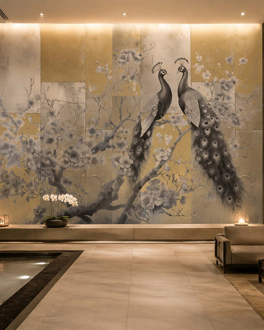 Goshawk Grey Regal Peacock & Cherry Blossom Chinoiserie Mural M3164