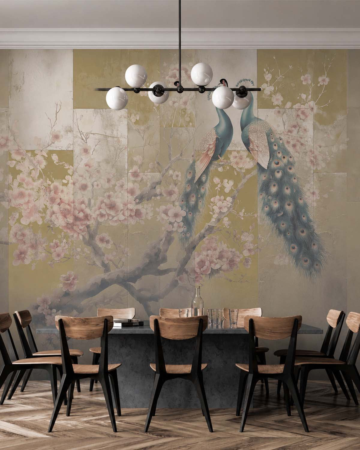 Granite Canyon Regal Peacock & Cherry Blossom Chinoiserie Mural M3165