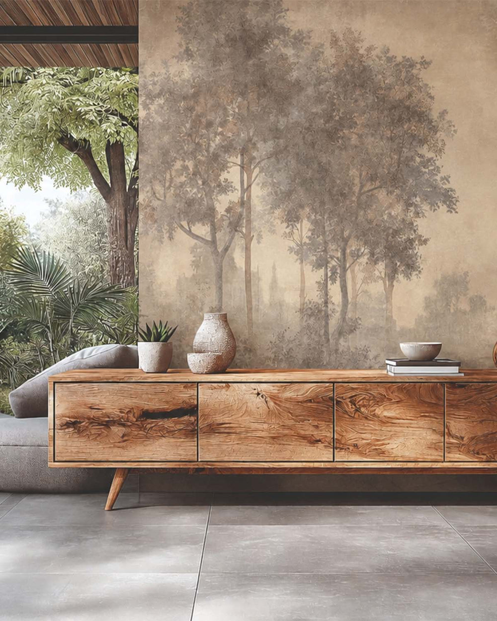 Oyster Grey Vintage Misty Morning Forest Mural M3169