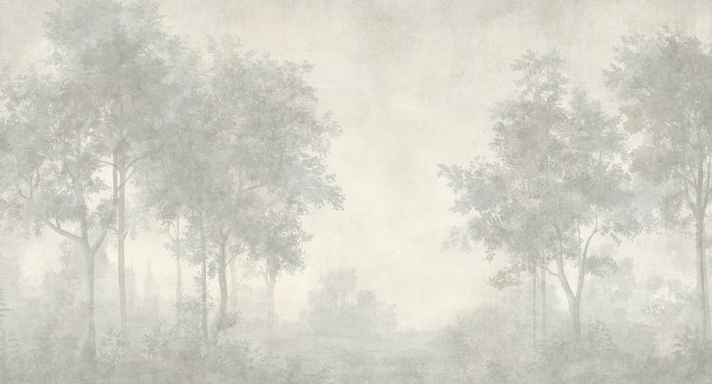 Pastel Grey Vintage Misty Morning Forest Mural M3170