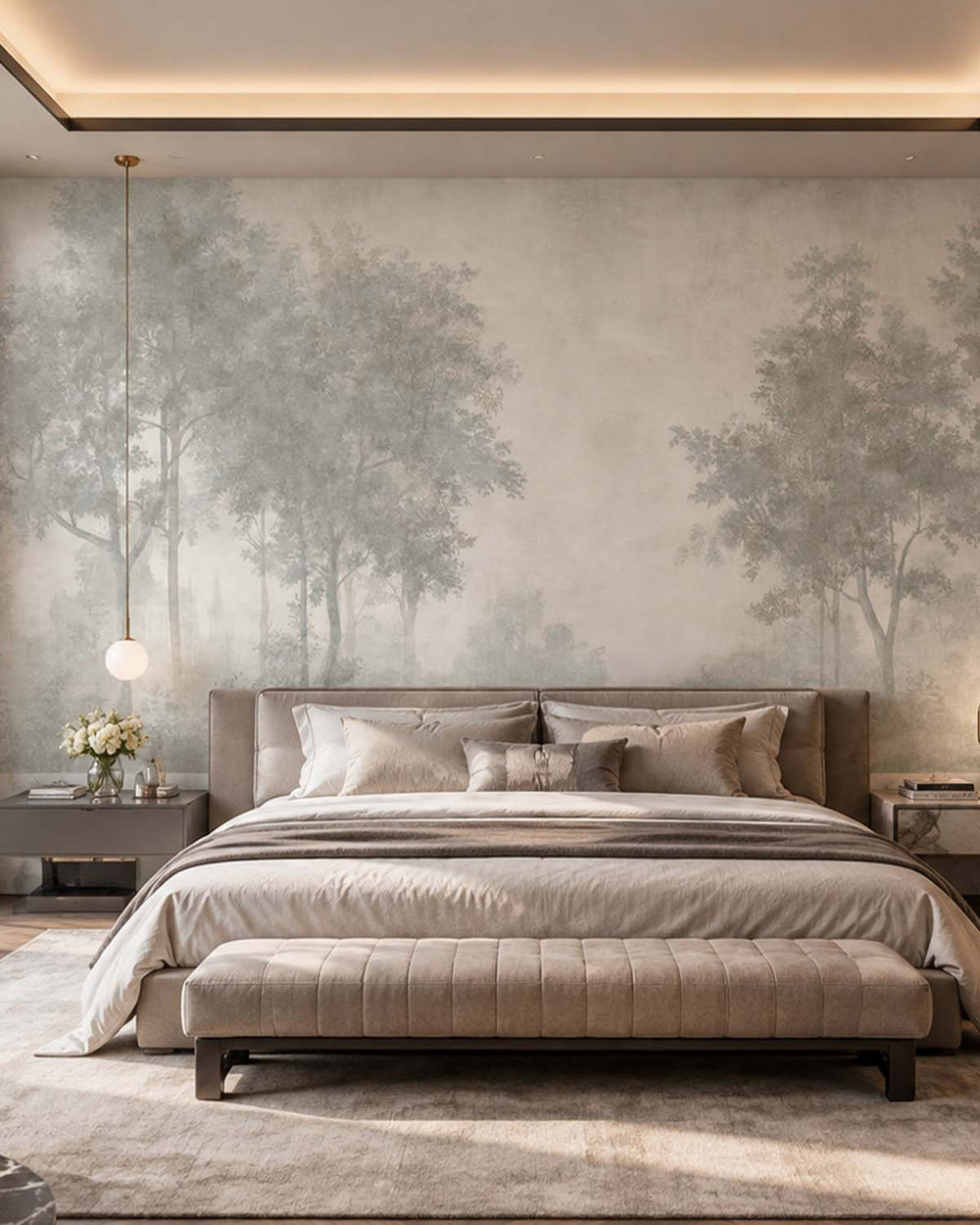Pastel Grey Vintage Misty Morning Forest Mural M3170