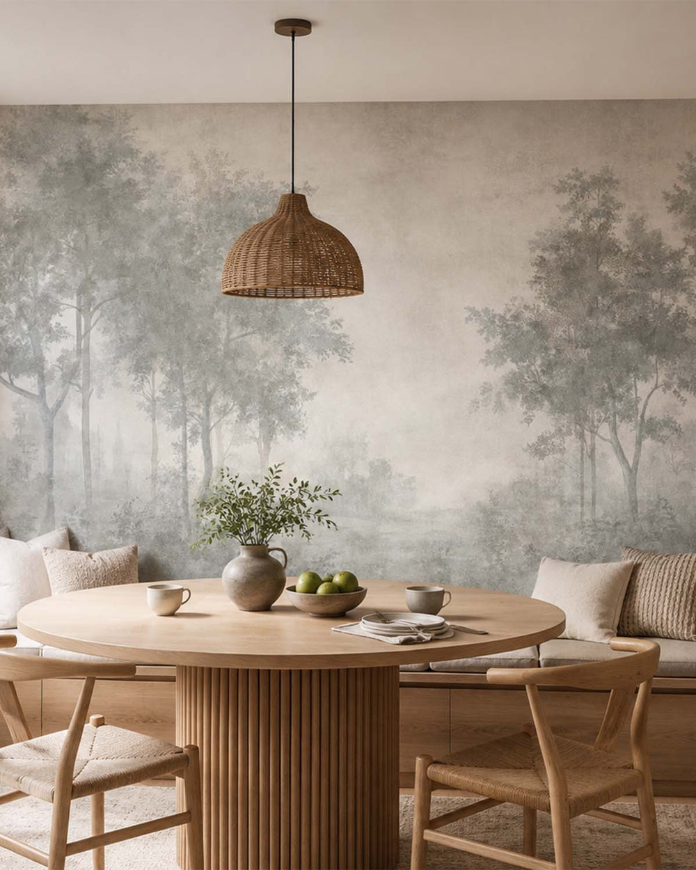 Pastel Grey Vintage Misty Morning Forest Mural M3170