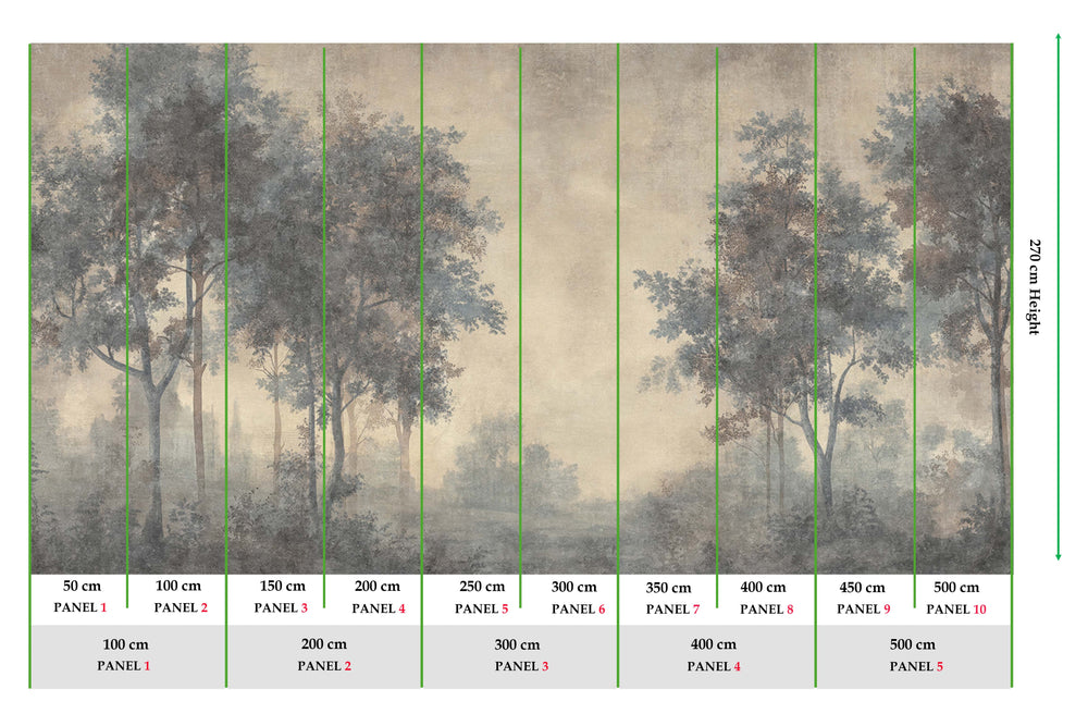 Dim Grey Vintage Misty Morning Forest Mural M3171