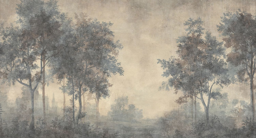 Dim Grey Vintage Misty Morning Forest Mural M3171