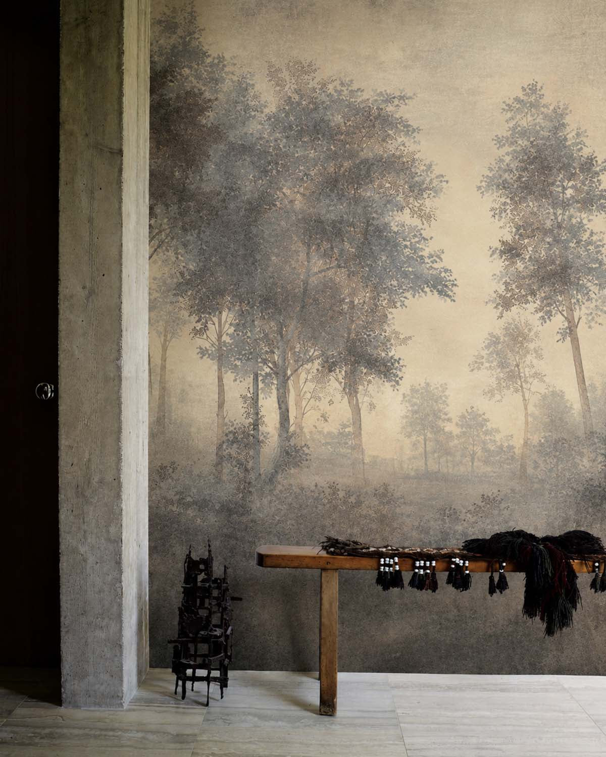 Dim Grey Vintage Misty Morning Forest Mural M3171