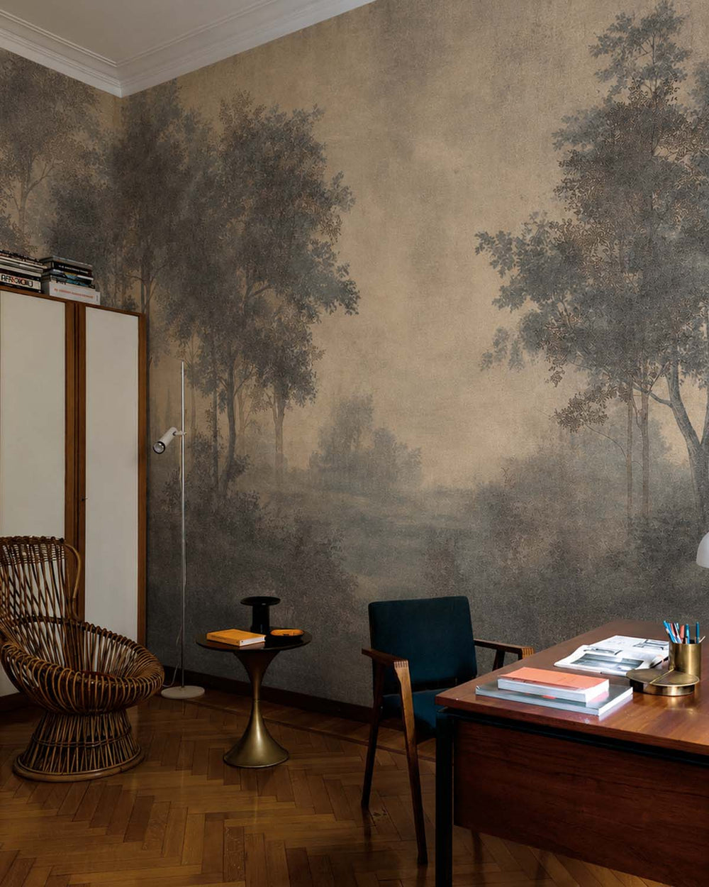 Dim Grey Vintage Misty Morning Forest Mural M3171