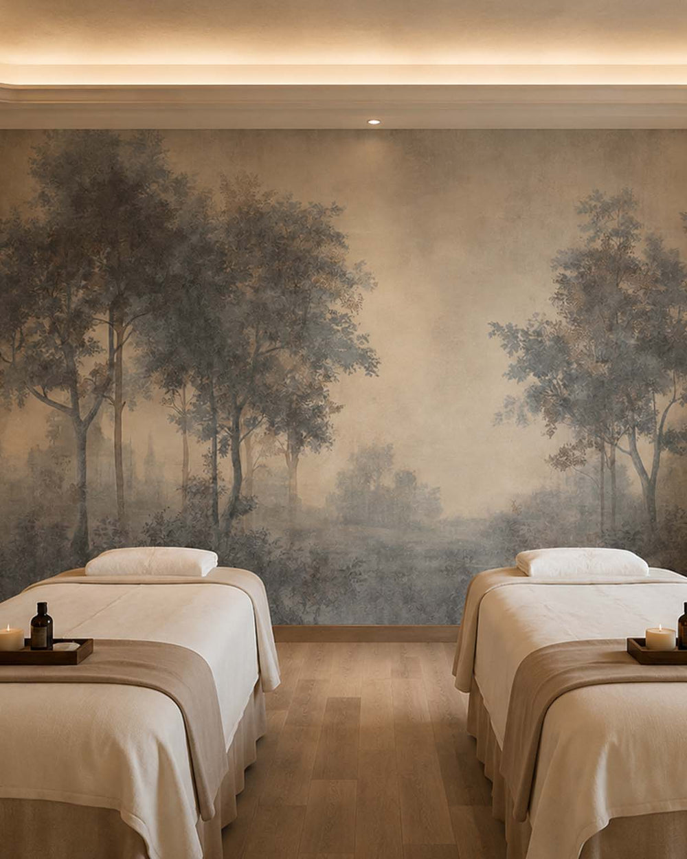 Dim Grey Vintage Misty Morning Forest Mural M3171