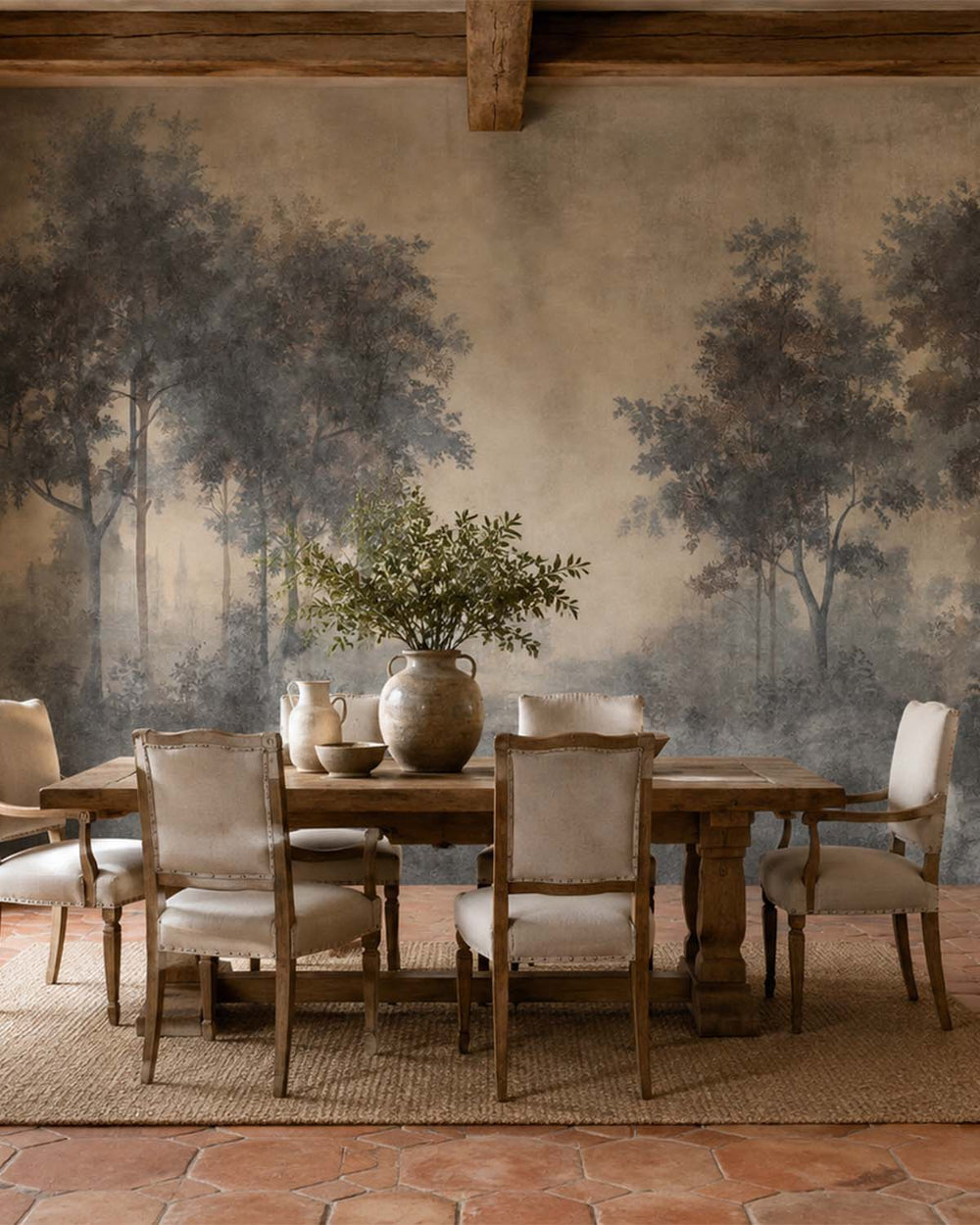 Dim Grey Vintage Misty Morning Forest Mural M3171