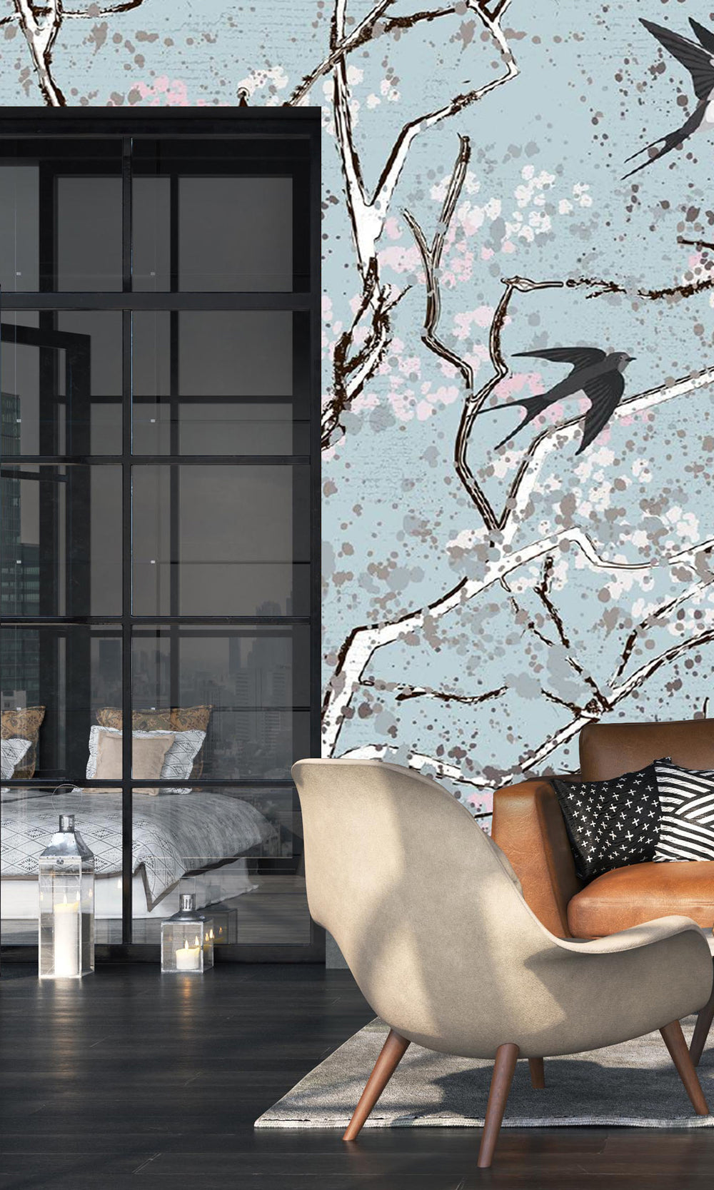 Blue Birds on Trees Wall Mural M2642