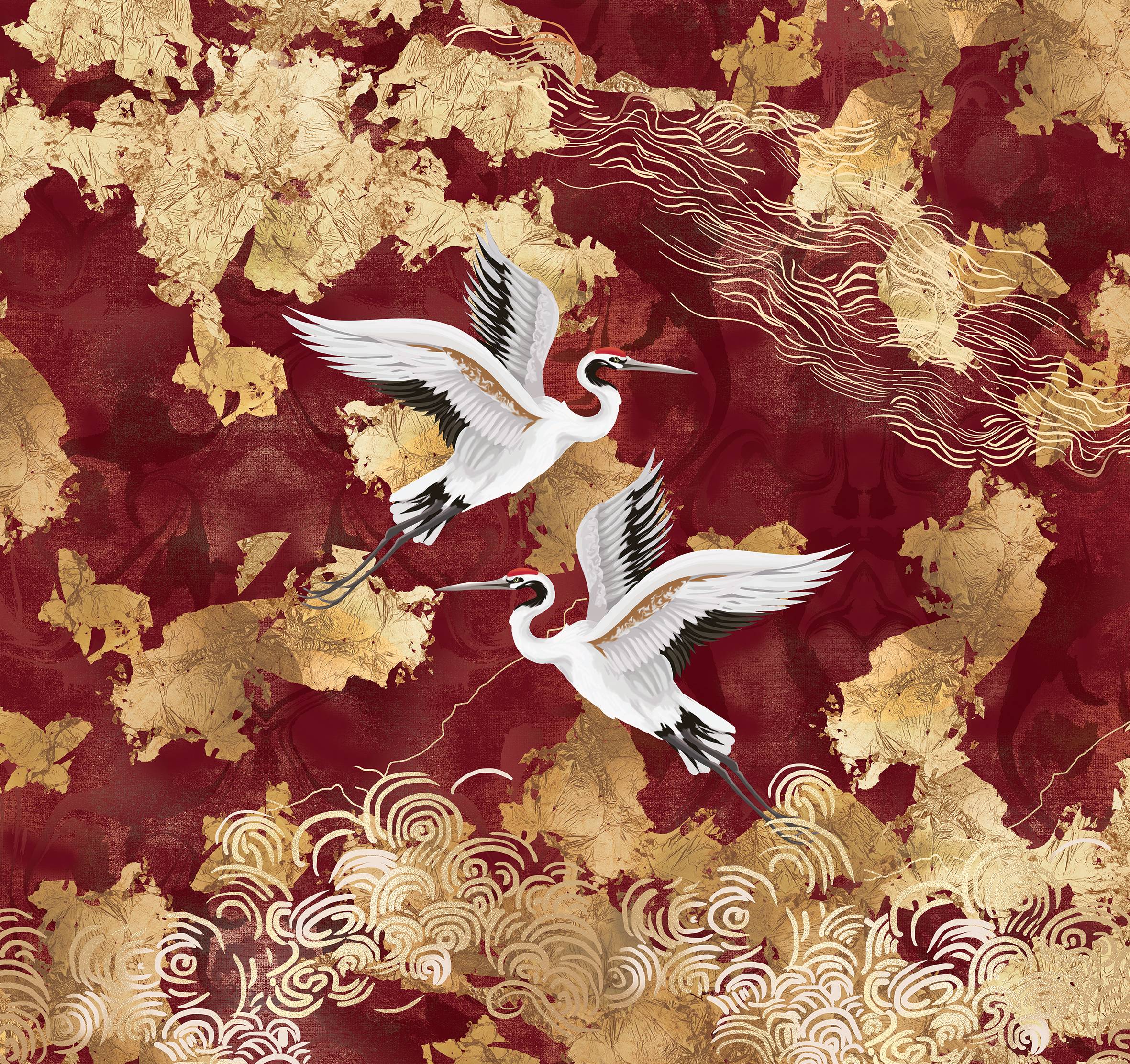 Red Crane on Abstract Clouds Murals M2633 – Walls Republic US