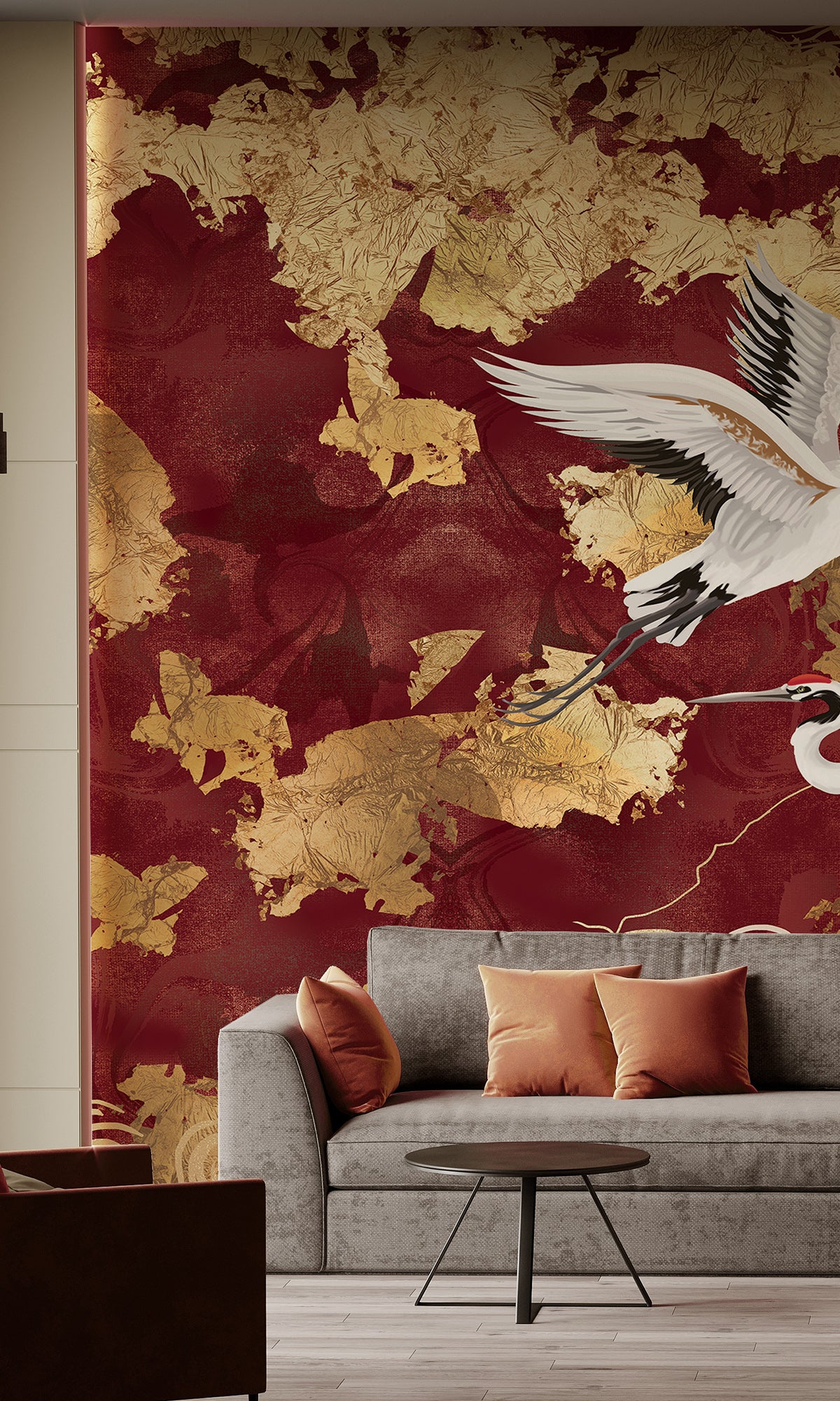 Red Crane on Abstract Clouds Murals M2633 - Sample – Walls Republic US