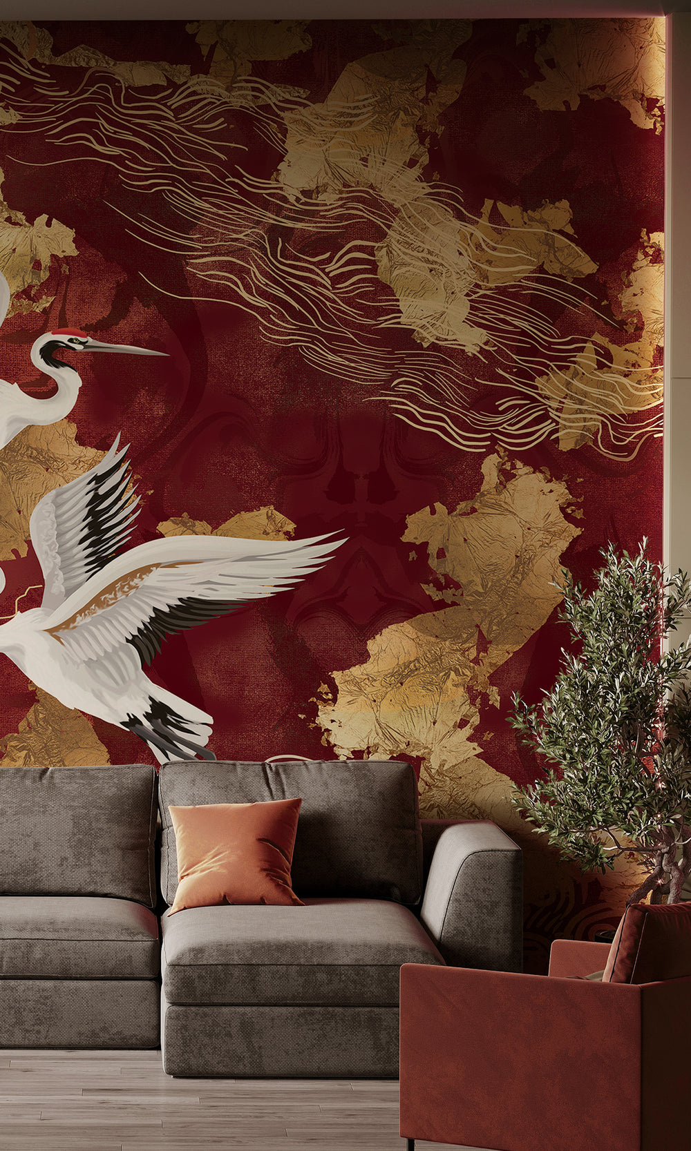Red Crane on Abstract Clouds Murals M2633
