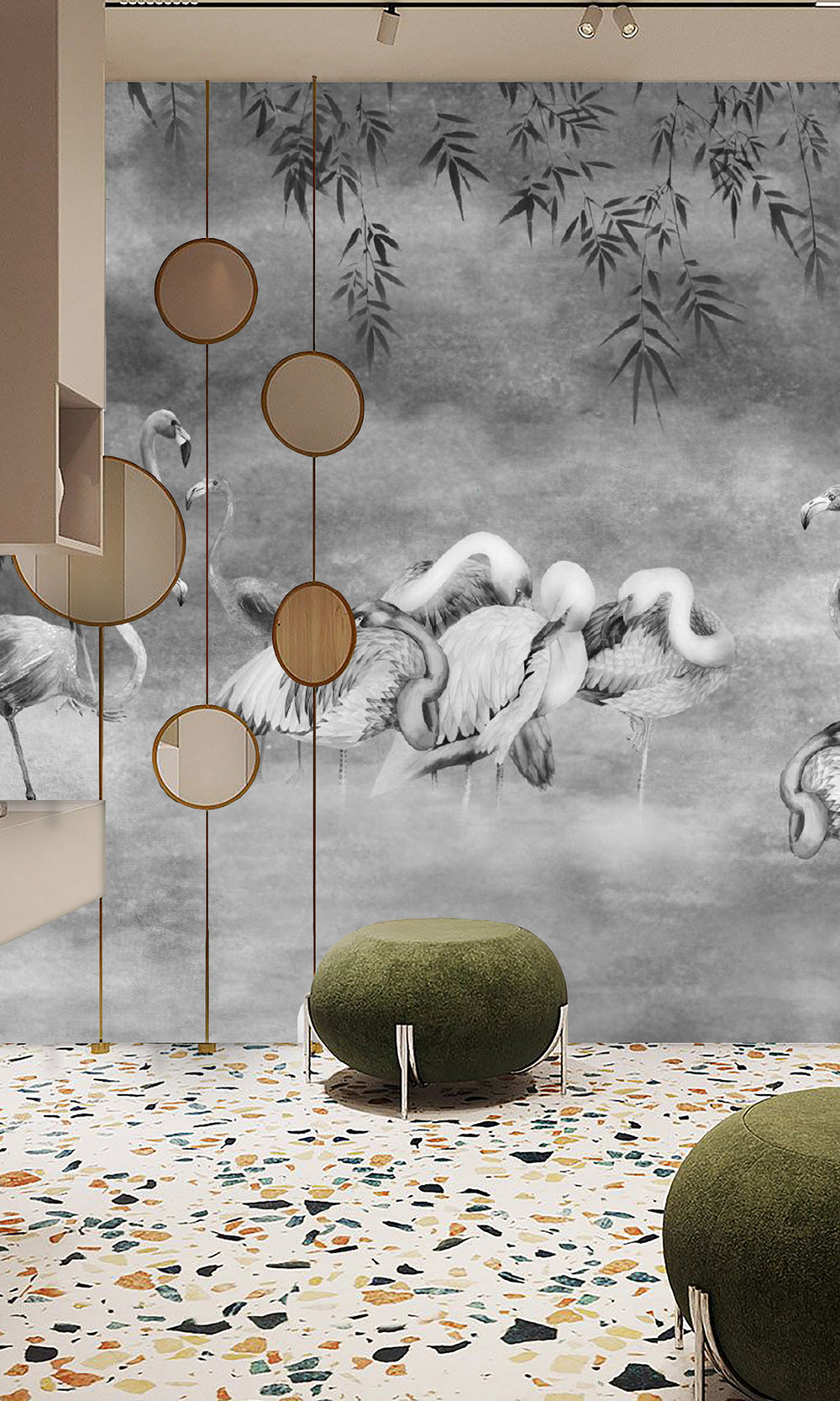 Silver Flamingos in the Lake Murals M2639 - Sample