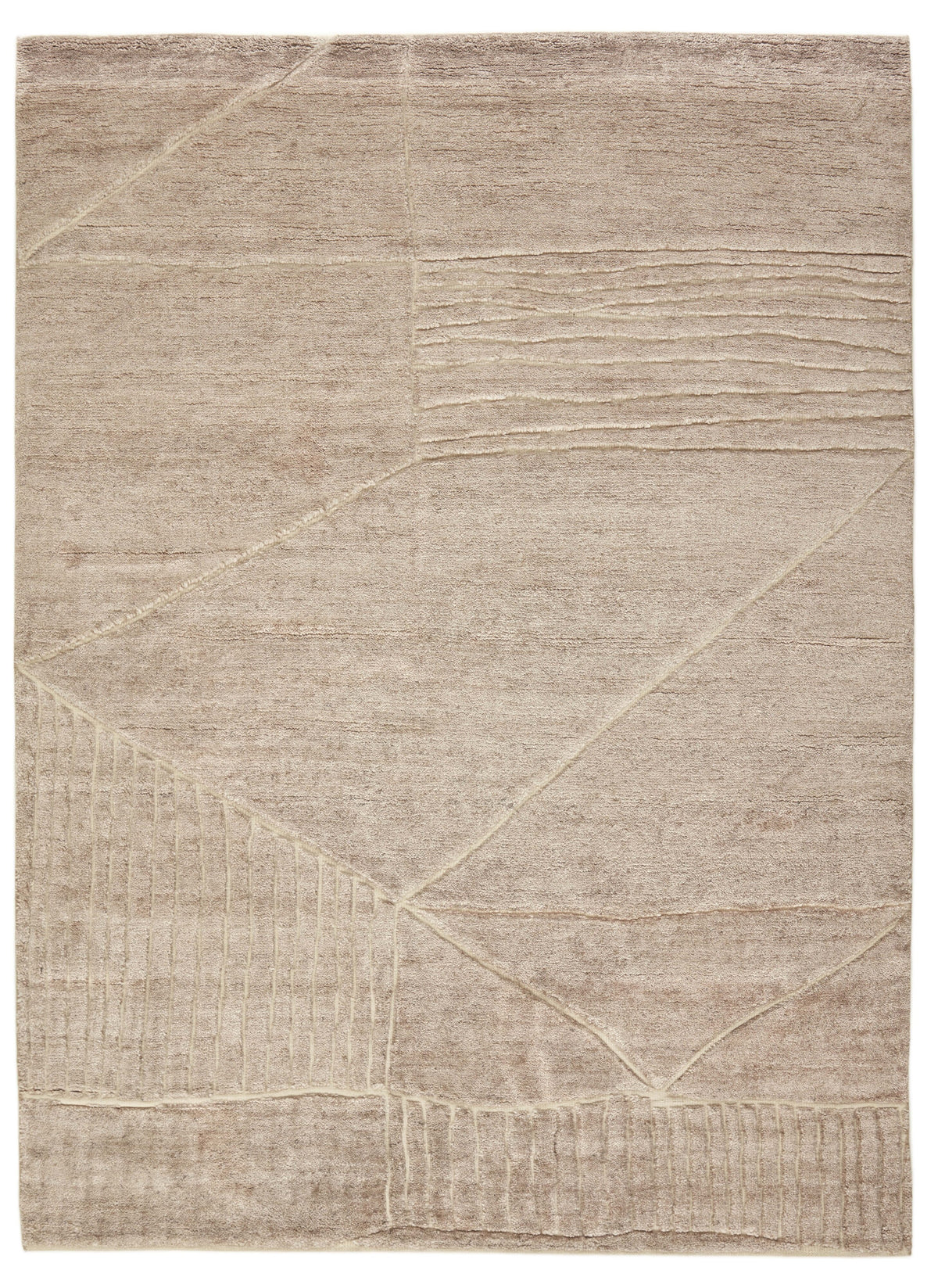 Beige Geometric Fields Hand Knotted Rectangular Luxury Rugs