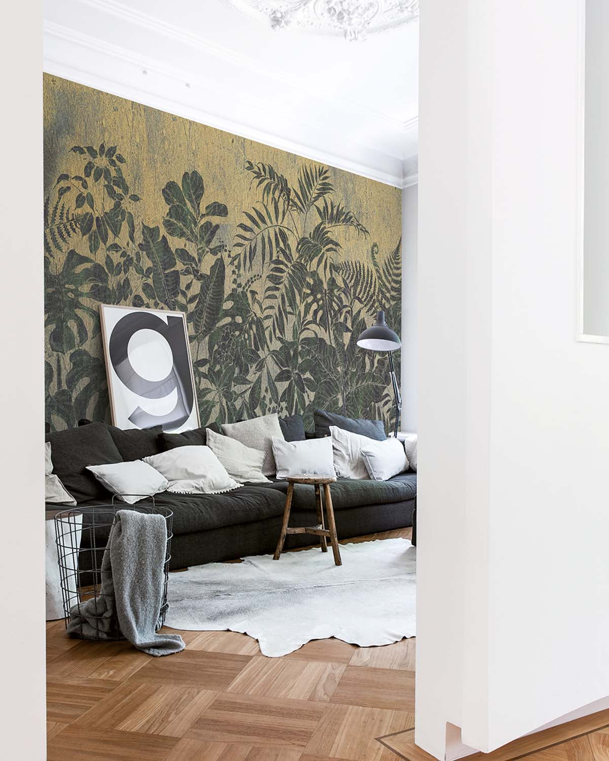 Hunter Green Printed Leaves on Wood Wall Mural M9508