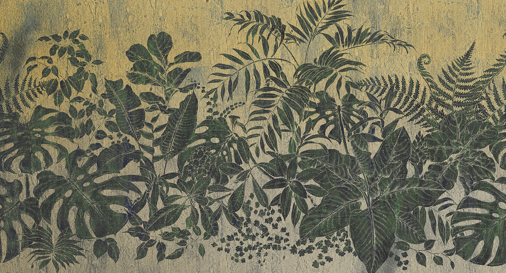 Hunter Green Printed Leaves on Wood Wall Mural M9508