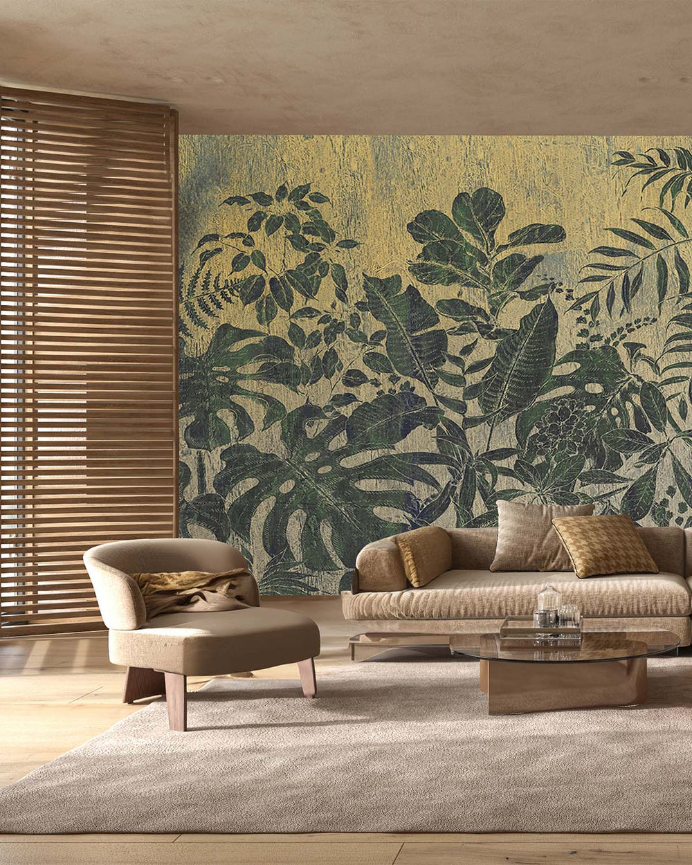 Hunter Green Printed Leaves on Wood Wall Mural M9508