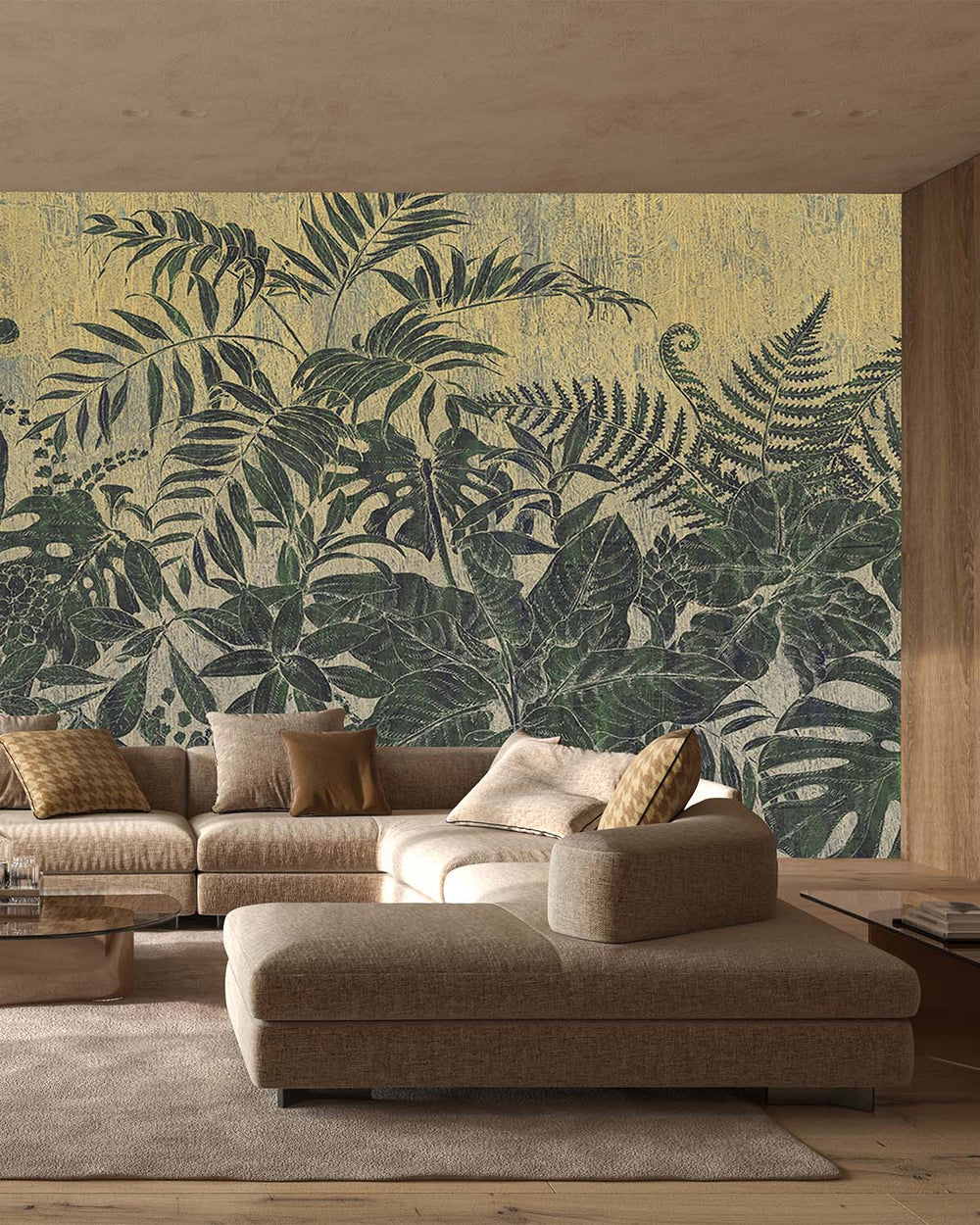 Hunter Green Printed Leaves on Wood Wall Mural M9508