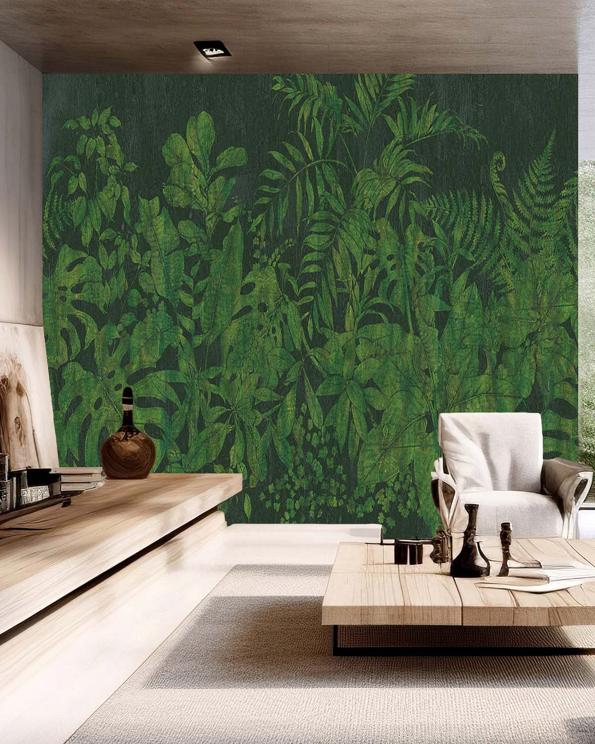 Green Printed Leaves on Wood Wall Mural M9509