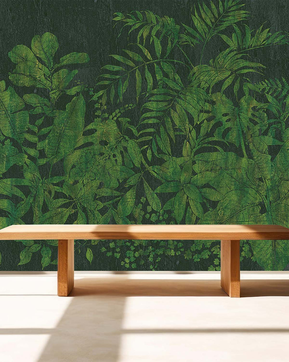 Green Printed Leaves on Wood Wall Mural M9509